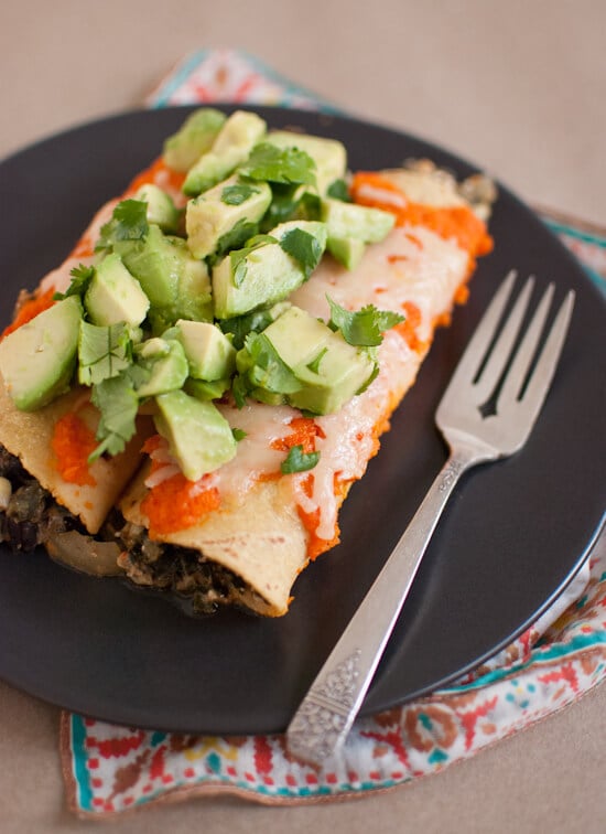 black bean enchiladas with roasted red pepper sauce