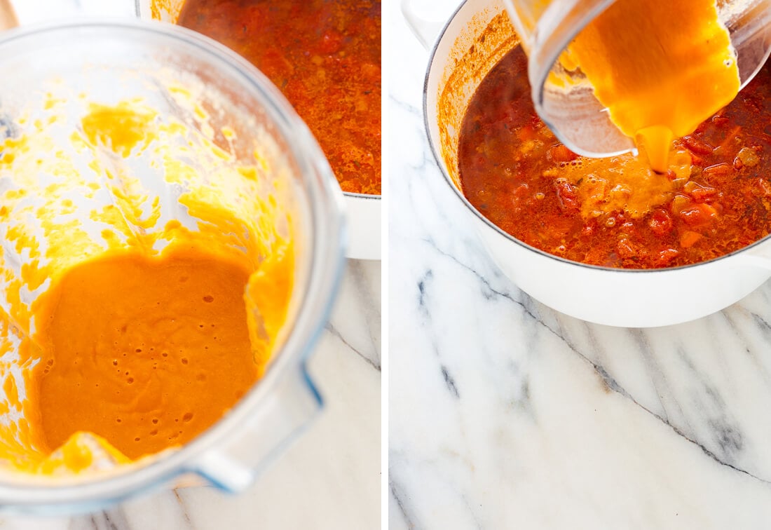 blending soup and pouring it into pot