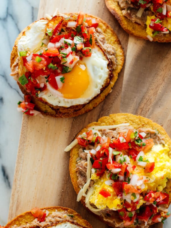 breakfast tostadas with refried beans and pico de gallo