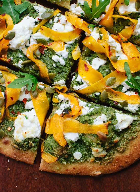 Homemade butternut, arugula pesto and goat cheese pizza - cookieandkate.com