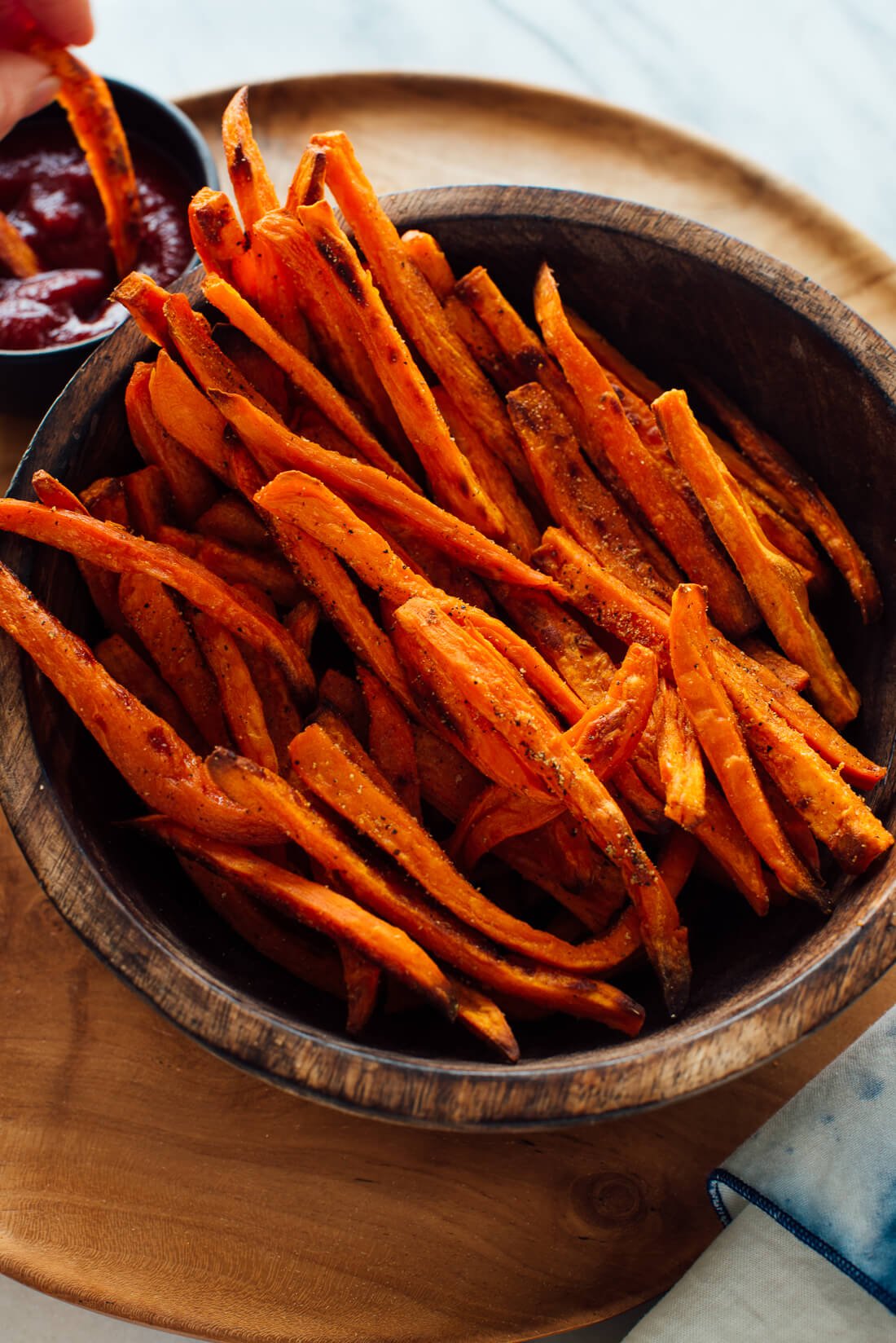 crispy baked sweet potato fries in bowl