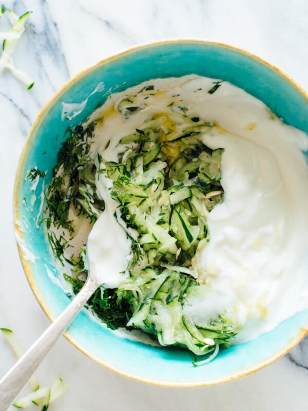 Greek Tzatziki sauce made with cucumber, yogurt, fresh dill and mint!