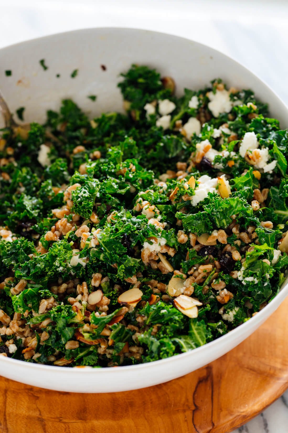 farro and kale salad with goat cheese almonds and dried cherries