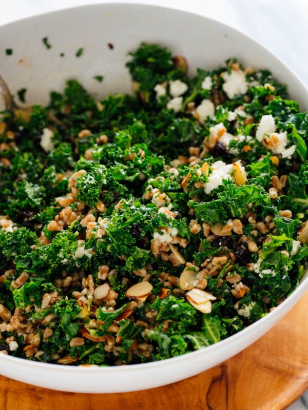 farro and kale salad with goat cheese almonds and dried cherries