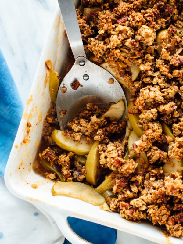 This gluten-free apple crisp recipe is my favorite! The topping is made of almond meal and oats, and the filling is naturally sweetened with honey.