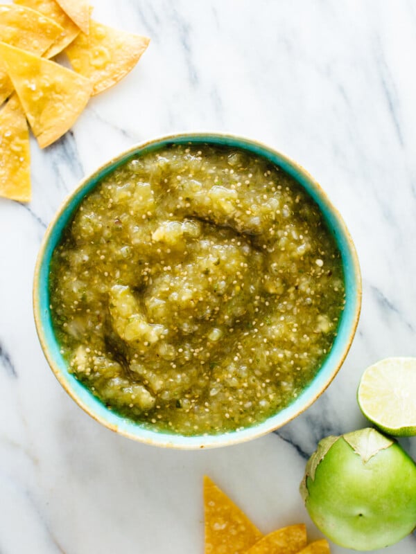 Homemade salsa verde, so fresh, simple and delicious! This salsa will take your Mexican meal to the next level. cookieandkate.com