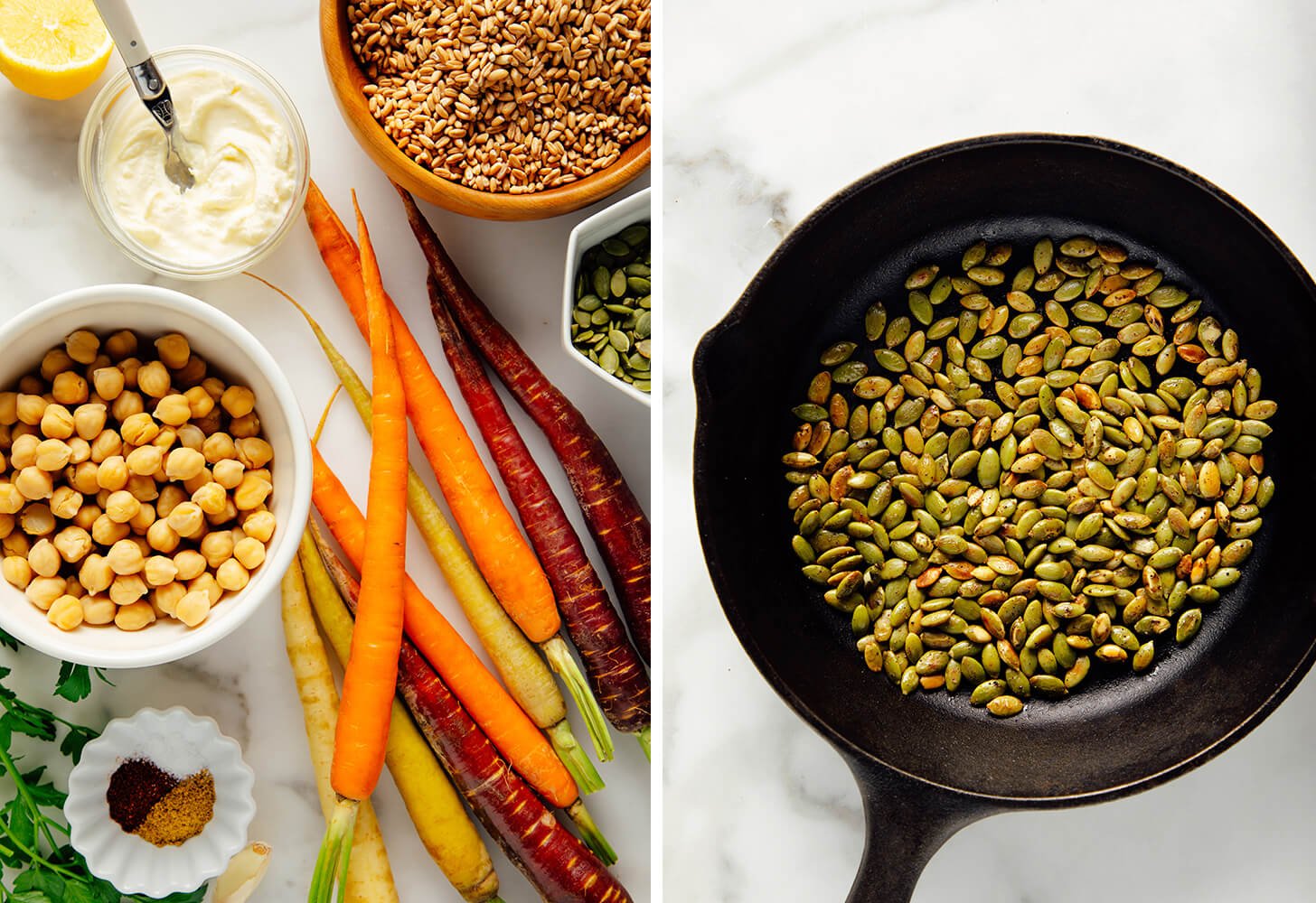 ingredients for vegetarian carrot farro dish