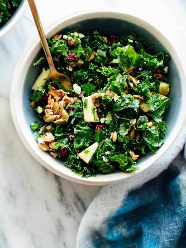 You're going to love this kale and apple salad with goat cheese, dried cranberries, and granola croutons!