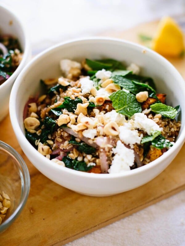 Mediterranean sweet potato farro salad recipe with kale, fresh mint and hazelnuts - cookieandkate.com