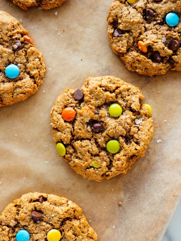 oatmeal peanut butter cookies with chocolate and colored chocolate candies