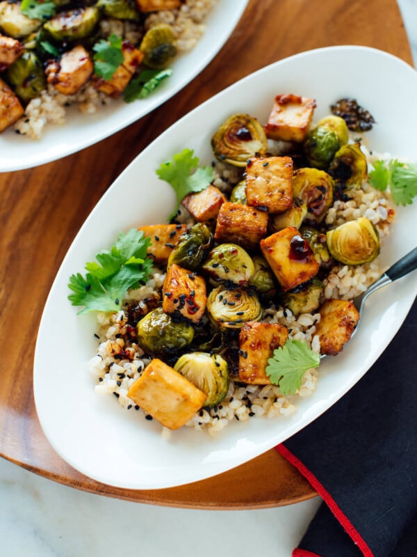 roasted brussels sprouts, crispy baked tofu and rice recipe