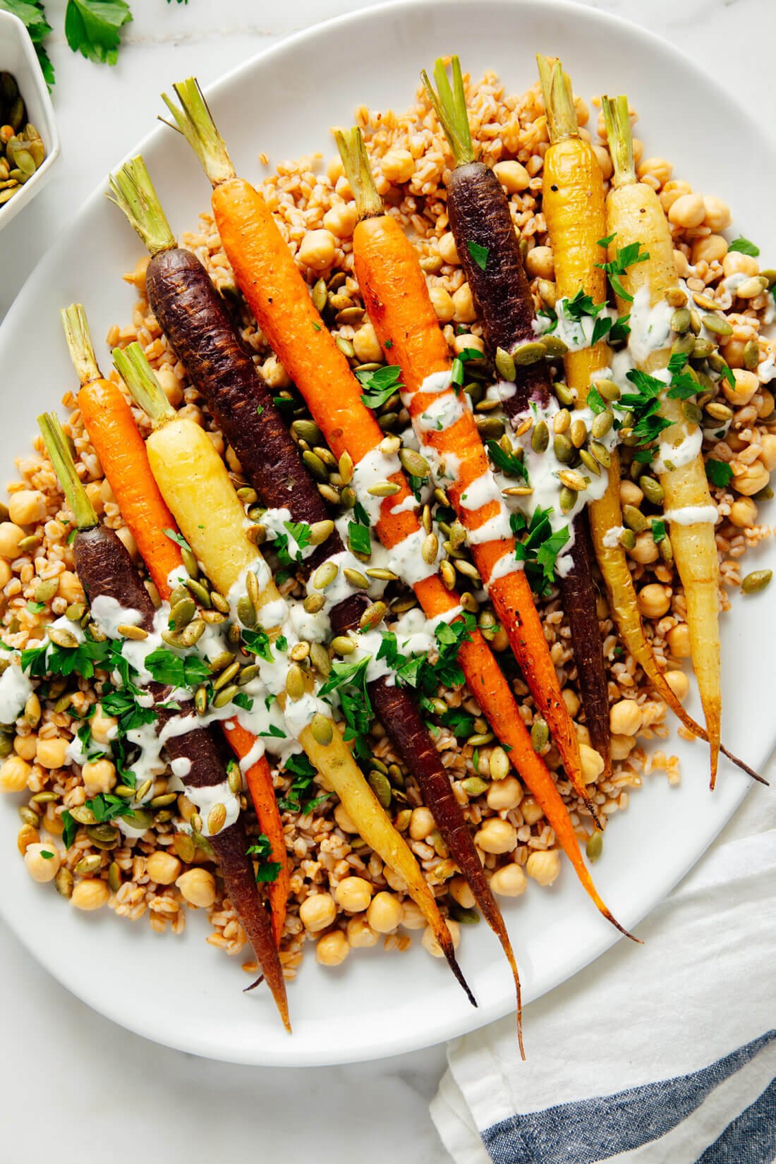 roasted carrots with farro and chickpeas