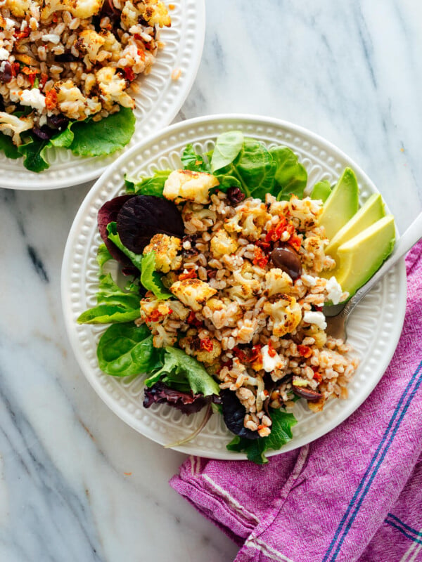 Roasted Cauliflower and Farro Salad with Feta and Avocado