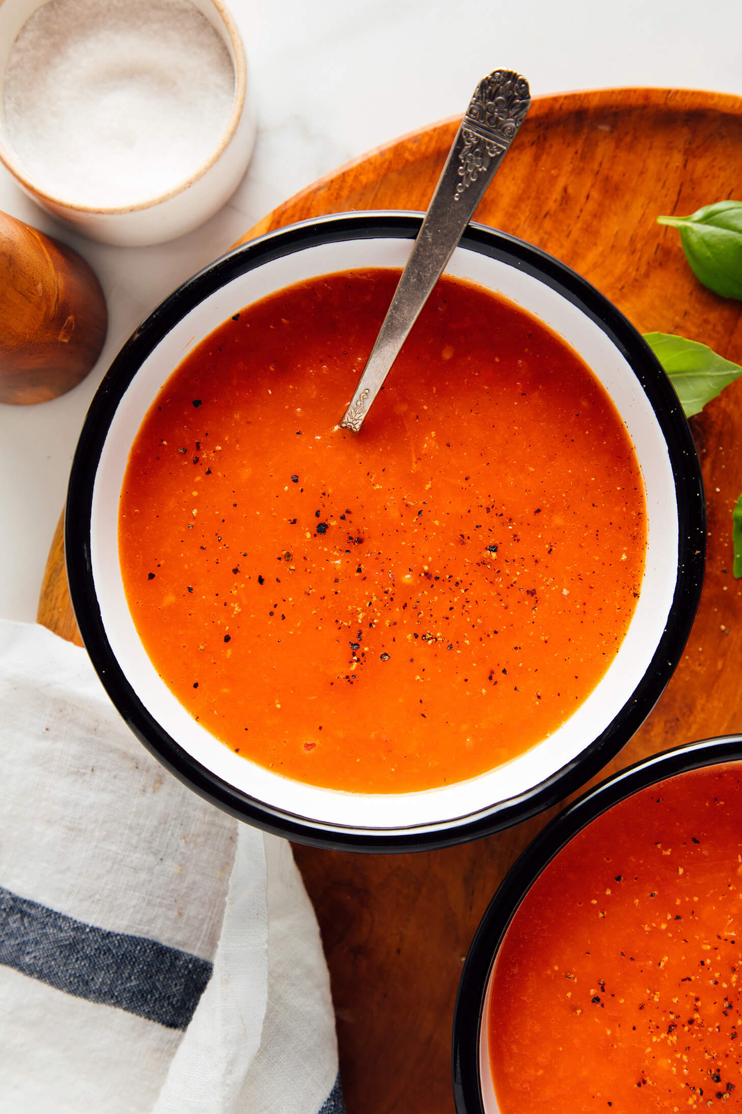 roasted red pepper tomato soup in bowls