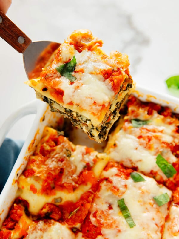 slice of spinach artichoke lasagna