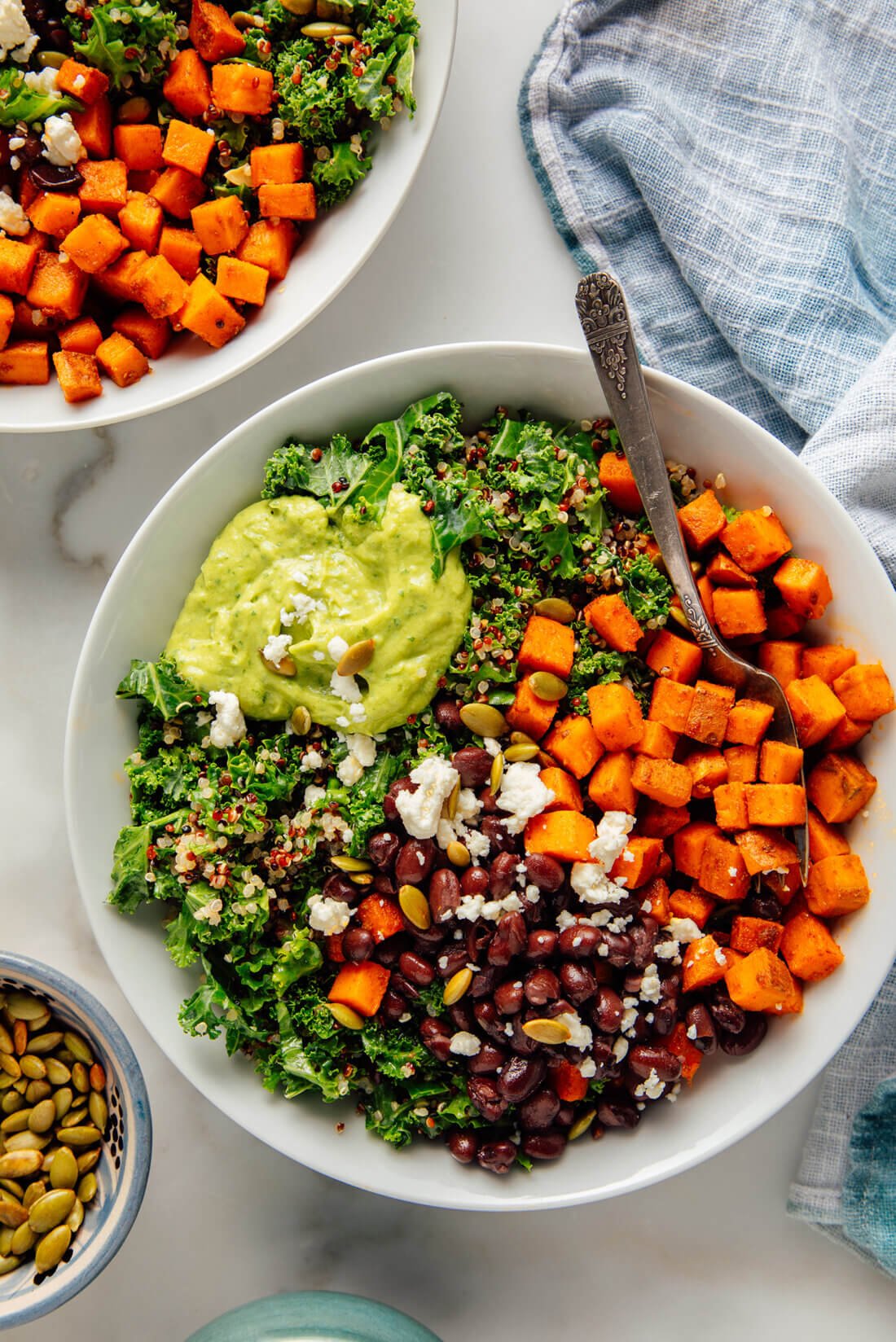 Southwestern Kale Power Salad with Sweet Potato, Quinoa & Avocado Sauce