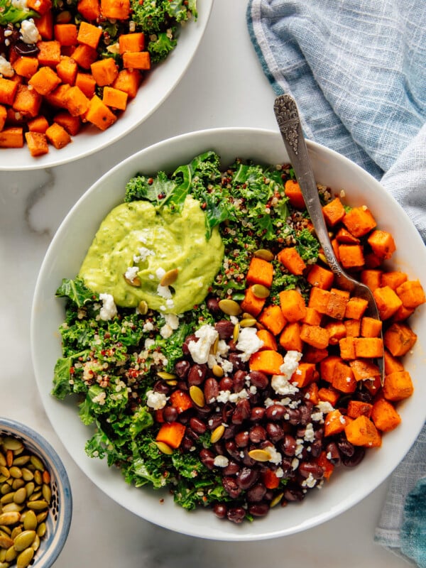 Southwestern Kale Power Salad with Sweet Potato, Quinoa & Avocado Sauce