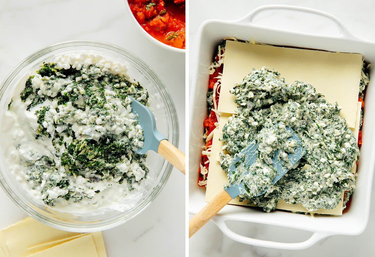 spinach artichoke lasagna assembly