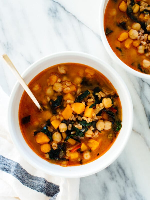 Hearty sweet potato, kale, chickpea and farro soup recipe