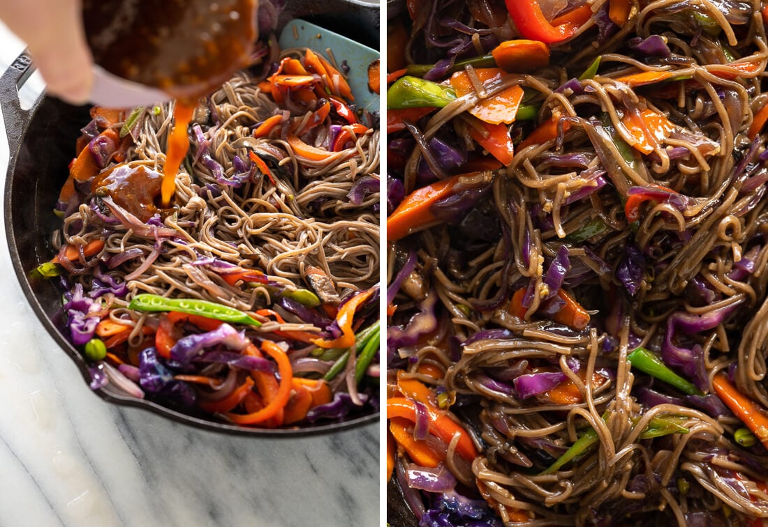 teriyaki sauce poured onto noodles