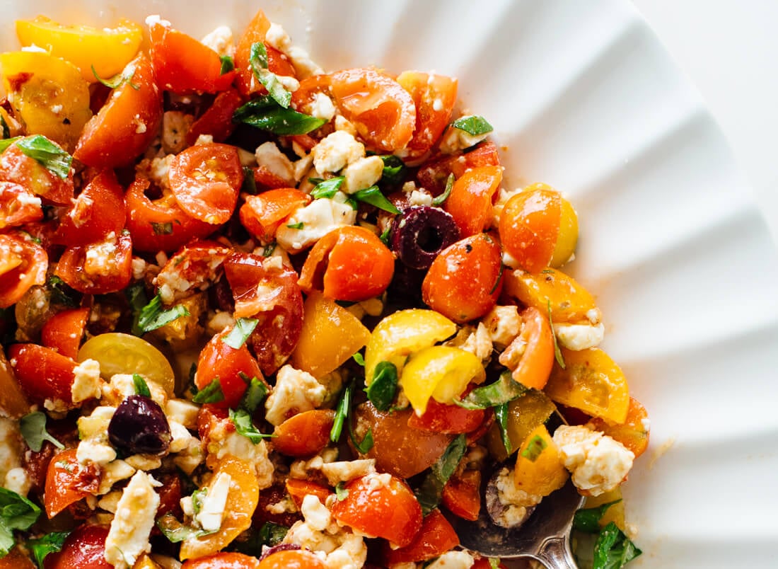 Tomato feta dip with olives and basil