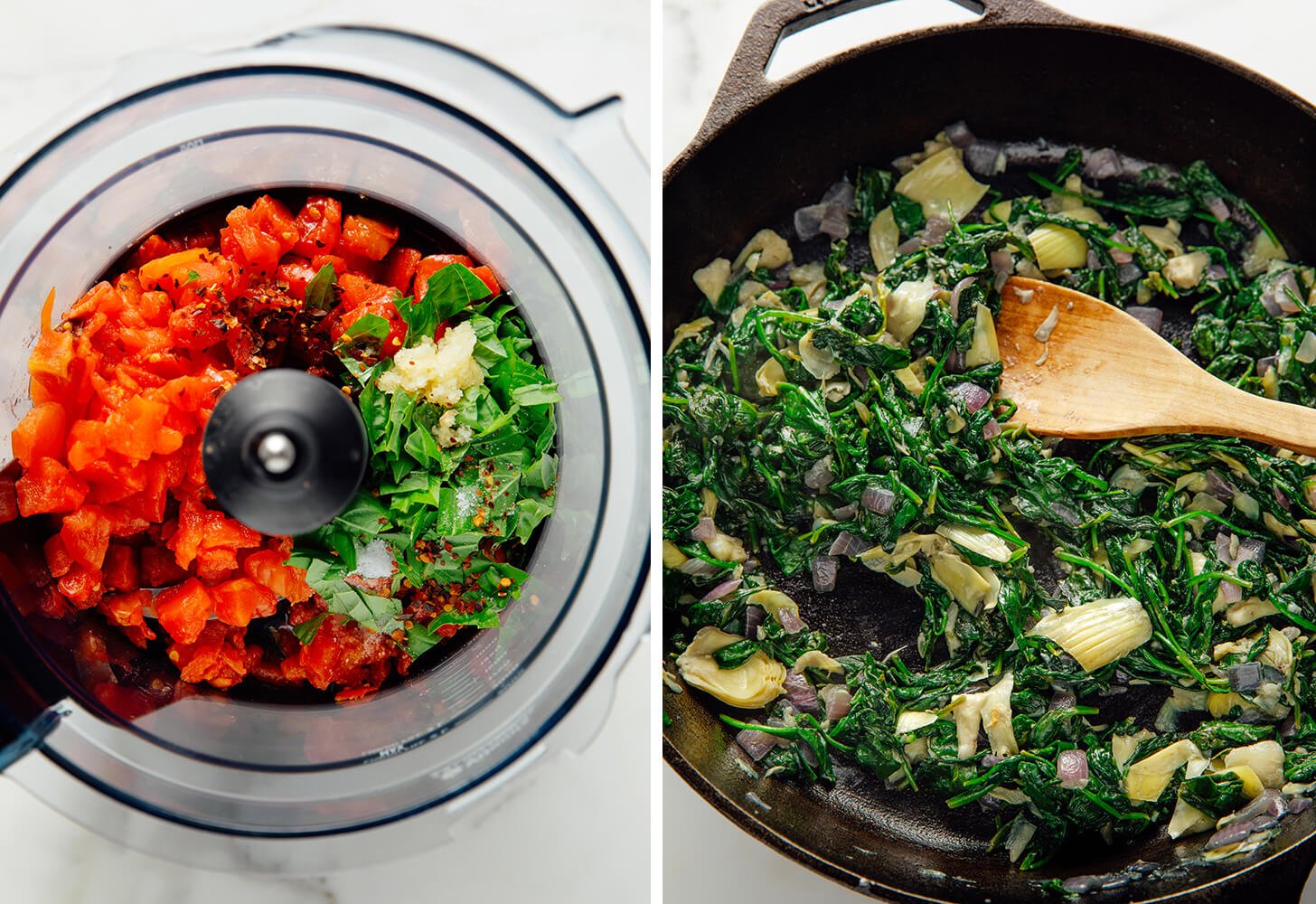 tomatoes in food processor and cooked spinach artichokes