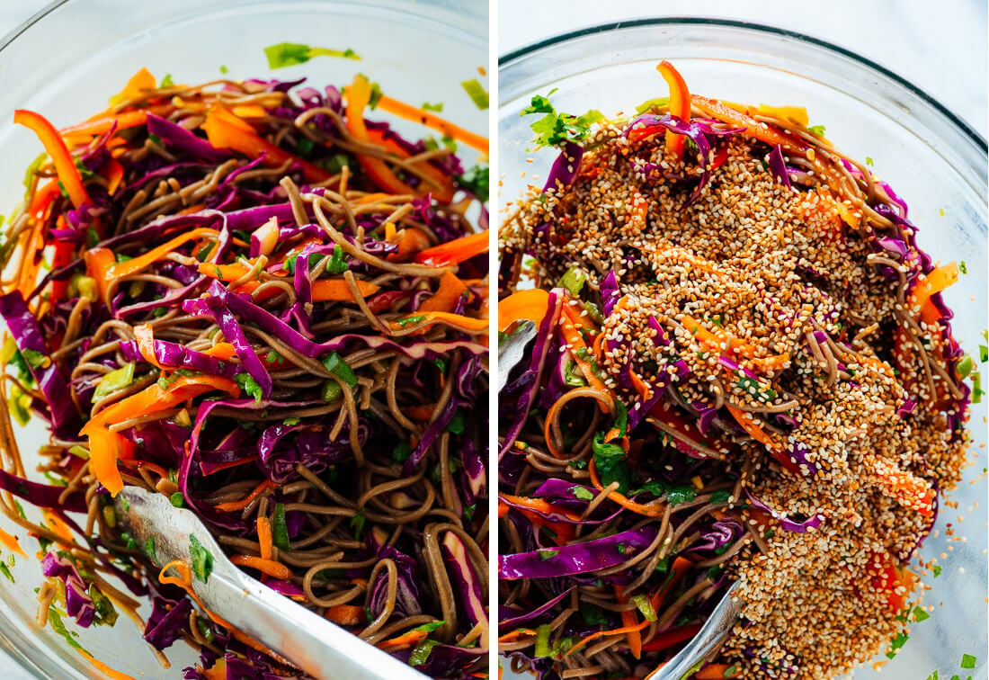 tossing sesame noodle salad