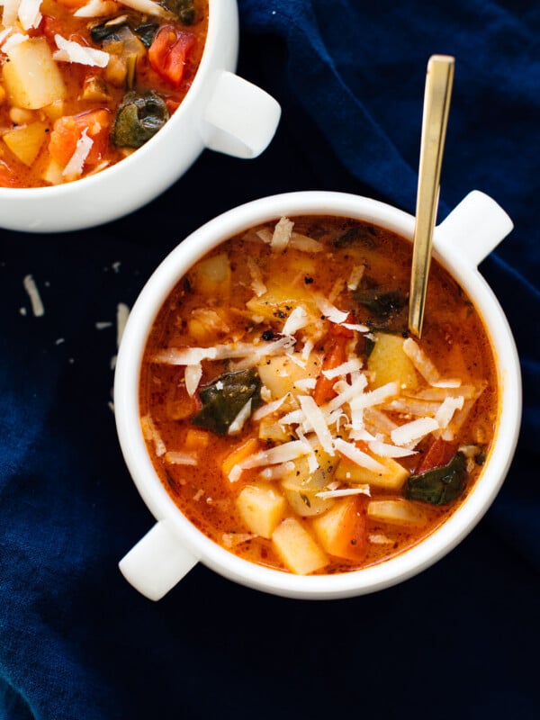 Vegetarian minestrone soup with Parmesan on top